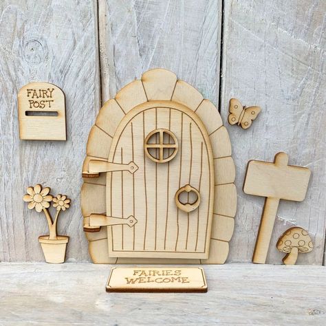 Laser Cut Wooden Birch Plywood Wooden Opening Fairy Door Craft | Etsy UK Opening Fairy Doors, Fairy Door Accessories, Wooden Fairy, Window Crafts, Door Crafts, Laser Cut Plywood, Laser Cut Mdf, Laser Cut Wood Crafts, Door Kits