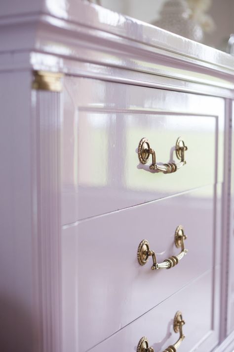 Beautiful dresser in high gloss lavender. So chic for a nursery! You won't get over this before and after makeover! Lavender Dresser, Fine Paints Of Europe, High Gloss Furniture, Lacquer Furniture, High Gloss Paint, Beautiful Dresser, Vintage Dresser, Furniture Rehab, Gloss Paint