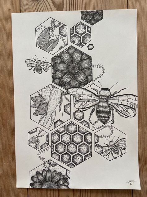 Hexagon Filler Tattoo, Sun And Mushroom Tattoo, Geometric Bee Tattoo Honeycomb, Bee Hive Tattoo Sleeve, Honey Combs Drawing, Bee Hive Tattoo Design, Bee And Honeycomb Tattoo, Bee Hive Tattoo, Sinister Tattoos