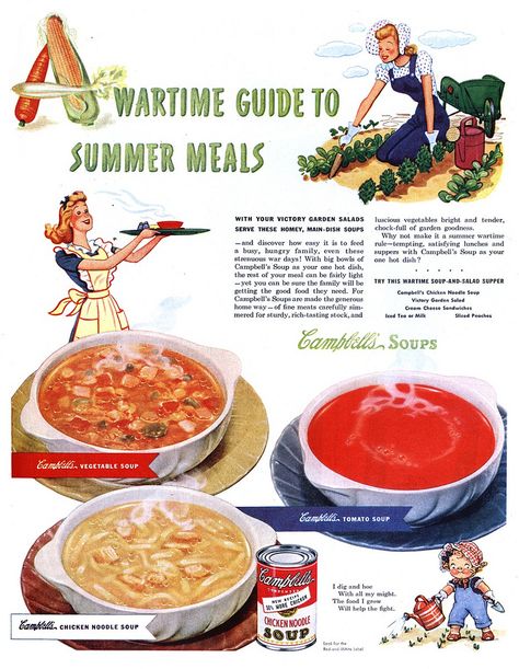 Facebook | Flickr | Tumblr | Twitter | Website Summer Advertising, Wartime Recipes, Christmas Pudding Recipes, Summer Meals, Vintage Food, Campbell Soup, Supper Recipes, Food Ads, Retro Ads