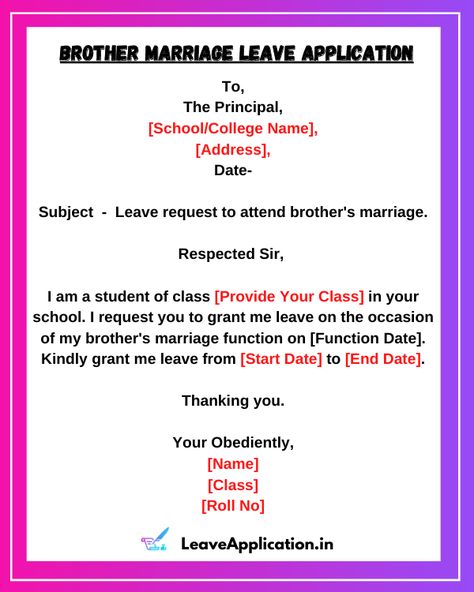 This page is especially for those who are finding the quick guide and samples for leave application for brother marriage. We provided everything that you will need to write the best Leave Application For Brother Marriage To Principal Of School. Leave Application For School By Student, Leave Application For School, School Leave Application, Collage Application, Marriage Application, Letter Writing Format, English Letter Writing, Letter Writing Examples, Aesthetic Instagram Accounts