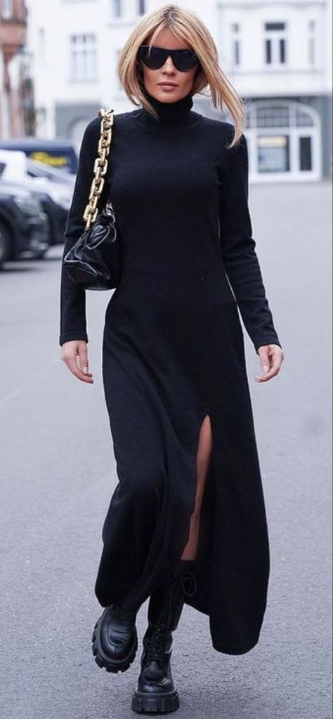 Gitta Banko, Edgy Classic, Edgy Outfit, Bodycon Dress Black, Maxi Bodycon Dress, Club Night, Turtleneck Long Sleeve, All Black Outfit, Casual Winter Outfits