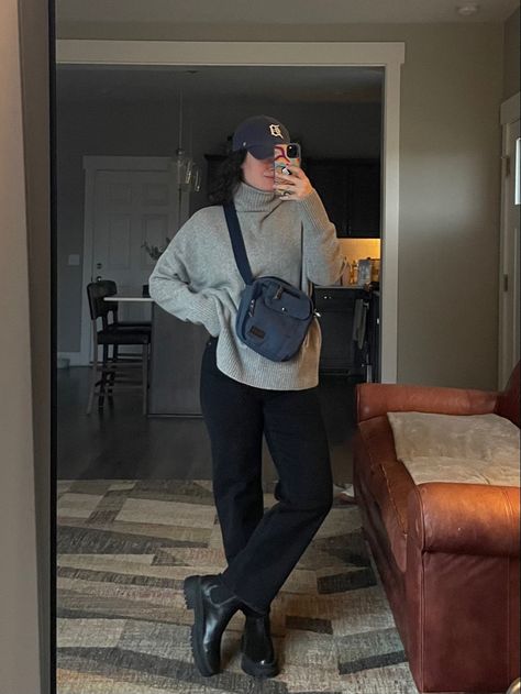 Black boots, black straight leg jeans, light grey oversized wool sweater, navy baseball cap, navy crossbody bag Navy Blue Beanie Outfit, Navy Blue Baseball Cap Outfit, Navy Baseball Cap Outfit, Navy Hat Outfit Baseball Caps, Navy Hat For Streetwear, One Size Fits Most, Navy Winter Baseball Cap, Navy Crossbody Bag, Femininity Aesthetic, Baseball Cap Outfit