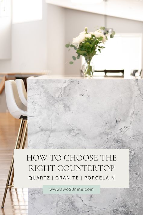 Picking the finishes in your kitchen is one the most exciting parts of the design process! But, with so many options choosing the right on can feel overwhelming. Swipe through to compare natural stone, quartz, and porcelain, which are a few of the most popular choices in the market today. Visit the blog to get a more in-depth comparison. Kitchen Design Quartz Countertops, Porcelain Countertops Kitchen, Quartz Vs Granite, Countertop Choices, Porcelain Countertops, Kitchen Countertop Materials, Countertop Design, White Granite, White Princess