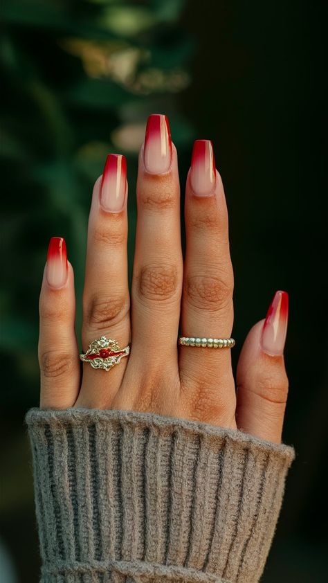 Make a striking impression with these bold red ombre nails! This eye-catching gradient transitions flawlessly from a deep crimson to a vibrant cherry red, creating a stunning effect that’s perfect for any occasion. Whether you're dressing up for a night out or looking to add drama to your everyday style, these nails are sure to turn heads. Pair them with gold accents or minimalistic designs for a touch of elegance! ❤️🔥 #OmbreNails #RedNails #NailArtInspo #GradientNails Red French Ombre Nails, Ombre Nail Colors, Black To Red Ombre, Red Ombre Nails, Cherry Nails, Red Ombre, Gradient Nails, Nails Inspo, Ombre Nails