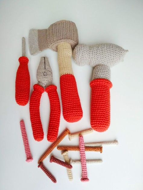 crochet toys Crochet Screwdriver Pattern, Crochet Kindergarten, Interactive Crochet Toys, Crochet Toys For Kids, Crochet Toddler Toys, Crochet Toys For Boys, Crochet Montessori Toys, Crochet Tools Pattern, Crochet Kids Toys