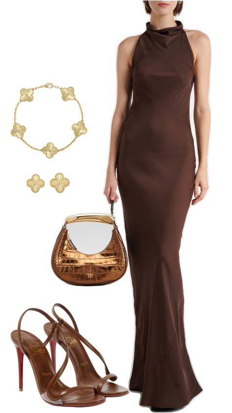 Dress jewelry  heels bag Brown Satin Dress Outfit, Brown Slip Dress Outfit, Slip Dress Outfit Fall, Satin Slip Dress Outfit, Satin Dress Outfit, Brown Satin Dress, Brown Slip Dress, Slip Dress Outfit, Dress Styling