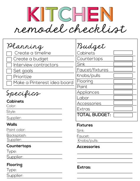 Printable Kitchen Remodel Checklist from www.thirtyhandmadedays.com Remodel Checklist, Kitchen Remodel Checklist, Diy Kitchen Remodel, New Kitchen Cabinets, Checklist Template, Kitchen Decorating, Kitchen Remodeling Projects, Kitchen Redo, Kitchen Remodel Idea