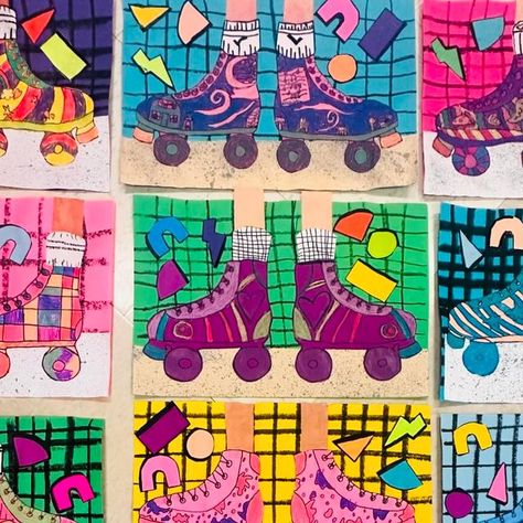 Keisha L. Casiano on Instagram: "3rd grade rolling into 4th grade in style! 🎉 Our retro roller blading project was a smashing success, thanks to the incredible @howgraythouart! 🛼🤩  #Arteducation #artteacher #elementaryartteacher  #education  #teachersofinstagram #weareteachers" 4 Style Drawing, Grade 5 Art Projects, Grade 3 Art, 4th Grade Art Projects, 3rd Grade Art Projects, Roller Skate Art, Third Grade Art Project, Addition Art, 70's Art