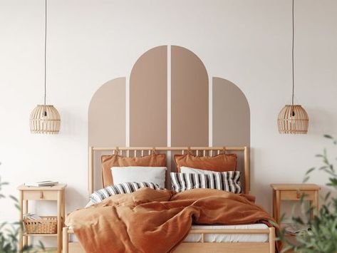 Art Deco Wall Stickers, Wall Paint Headboard, Boho Bedroom Paint Colors Accent Wall, Headboard Color Ideas, Wall Painted Headboard, Art Deco Wall Paint, Adult Boho Bedroom Decor, Headboard Painting Ideas, Arch Wall Paint