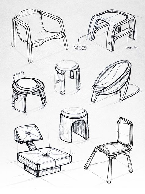 Various chair sketches - Design Sketchbook II on Behance - Matt Seibert Reka Bentuk Industri, Interior Design Sketchbook, Shop Exterior, Drawing Furniture, Furniture Sketch, Furniture Design Sketches, Interior Design Sketches, Trendy Furniture, Futuristic Furniture