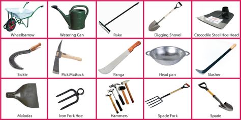 Simple Farm Tools - ClassNotes.ng Farm Tools And Equipment, Types Of Farming, Agriculture Projects, Fun Worksheets For Kids, Agricultural Tools, Hand Trowel, Pruning Saw, Handy Tools, Agriculture Machinery