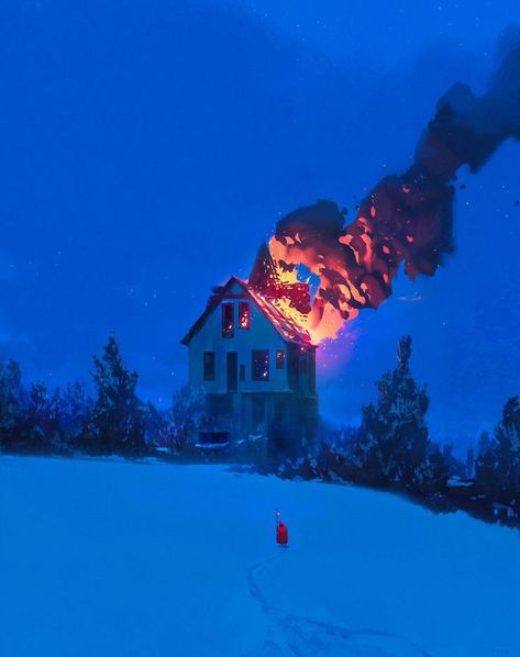 Snow Reference Drawing, Fire In The Snow, Jocelyn Carmes, Art Collab Ideas, Fire In Snow, Fire Drawing Reference, Types Of Illustration, Bad Architecture, Nostalgia Painting