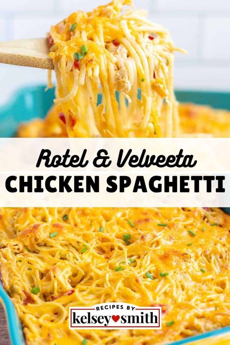 This easy Rotel chicken spaghetti recipe with shredded chicken, Rotel, Velveeta, and cheddar cheese is an easy family meal. With 8 servings, this is a go-to budget-friendly dish if you're looking to feed a crowd, perfect for Sunday family dinners. This a great recipe for when you have leftover chicken or a rotisserie chicken. Easy Rotel Chicken Spaghetti, Rotel Chicken Spaghetti Recipe, Chicken Spaghetti With Velveeta, Chicken Spaghetti Velveeta, Recipe With Shredded Chicken, Maggie Recipes, Best Chicken Spaghetti Recipe, Chicken Rotel, Easy Chicken Spaghetti Recipe