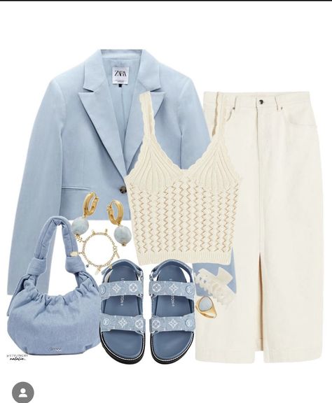 Denim Bag Outfit Street Styles, Denim Shoes Outfit Fashion Ideas, Baby Blue Bag Outfit, Cream And Blue Outfits, Denim Sandals Outfit, Cream Denim Skirt Outfit, Blue Sandals Outfit, Denim Bag Outfit, Blue Handbag Outfit