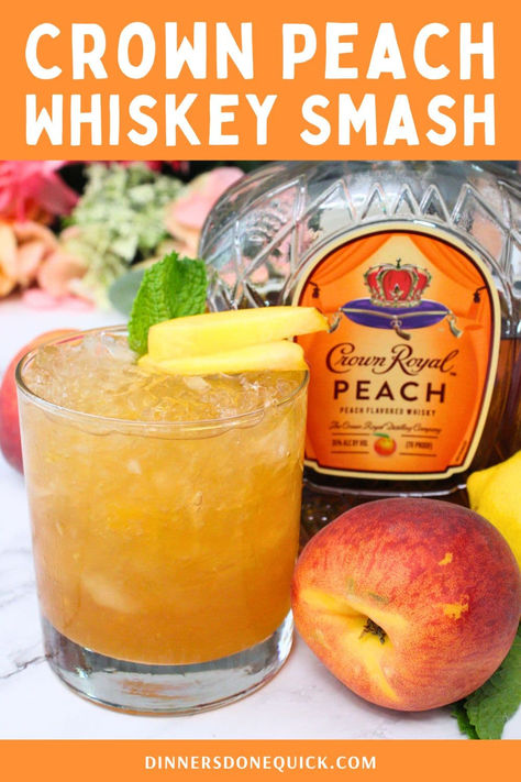 Quench your thirst with this refreshing Crown Peach Whiskey Smash cocktail! Made with Crown Royal Peach whiskey, fresh peaches, and a splash of lemon, this cocktail is the perfect blend of sweet and tangy. Ideal for summer gatherings or a relaxing evening, this whiskey smash is sure to impress your guests. Follow our easy step-by-step recipe and enjoy a deliciously fruity drink in no time! #PeachWhiskeySmash #CrownRoyalPeach #SummerCocktails #DinnersDoneQuick #WhiskeyCocktails Irish Peach Cocktail, Fresh Cocktails Summer Drinks, Crown Peach Cocktail, Peach Whiskey Sour, Peach Smash Cocktail, Crown Royal Peach Drinks Recipes Easy, Peach Ring Cocktail, September Drinks Alcohol, Drinks With Peach Schnapps