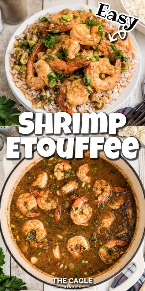 Shrimp Etouffee is a delicious Louisiana classic - a type of stew, it's made from a roux, the Holy Trinity of Onion, bell pepper and celery and tasty Gulf shrimp. Crab And Shrimp Etouffee, Shrimp And Chicken Etouffee Recipe, Shrimp Effoute Recipe, Shrimp Stew Recipes Louisiana, Shrimp Ettouffe Recipe New Orleans, Shrimp Etouffee Recipes Easy, Shrimp And Sausage Etouffee Recipes, Shrimp And Sausage Etouffee, Easy Shrimp Etouffee