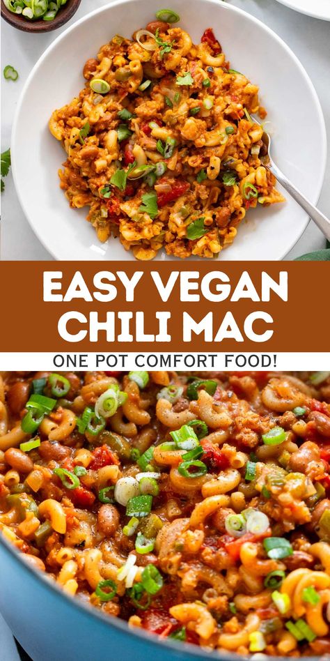 If you're carving a plant-based version of this classic midwestern dish – you're in luck! We think you're going to love this easy one pot vegan chili mac made from pantry staples and plant-based swaps. This dairy free chili Mac is just as good as the traditional version. Dairy Free Plant Based Recipes, Gluten Free Vegan Chili, Vegan One Pot Dinner, Dairy Free Chili Mac, Vegan Pot Luck Dishes, Vegan Chili Pasta, Vegan Dump And Bake, Quick Meatless Dinners, Dairy Free Casserole Recipes