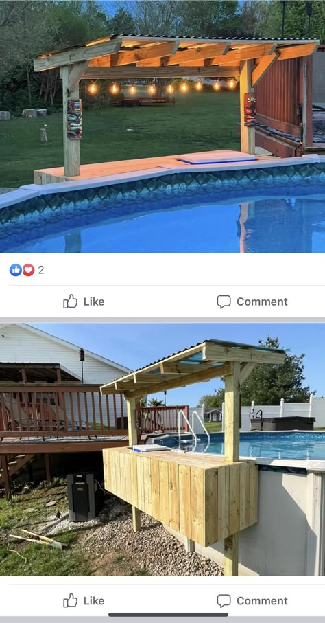 Above Ground Pool Deck Ideas With Gazebo, Bar Next To Above Ground Pool, Diy Swim Up Bar Above Ground Pool, Pool Deck Bar Ideas, Above Ground Pool Side Bar, Pool Side Table Above Ground, Diy Pool Bar Ideas Backyard, Above Ground Deck Ideas, Above Ground Pool Tiki Bar Ideas