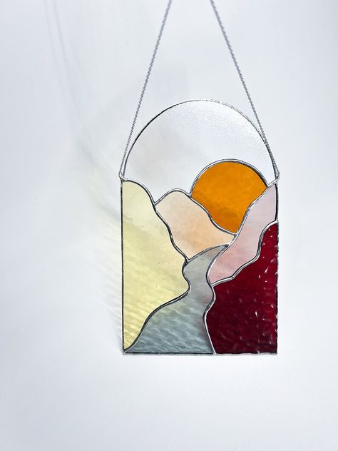 Stained Glass Desert, Stained Glass Mountains, Stained Glass Landscape, Glass Desert, Glass Suncatchers, Modern Stained Glass, Glass Diy, Stained Glass Window Panel, Stained Glass Decor