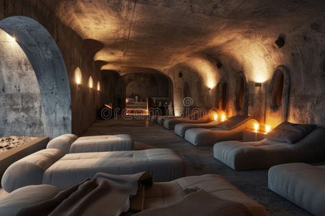 Modern underground bunker interior with a stylish living room. stock image Luxury Bunker Interiors, Bunker Home Underground Shelter, Bunker Ideas Underground, Bunker Aesthetic, Bunker Interior, Underground Hideout, Bunker Room, Underground Room, Luxury Bunkers