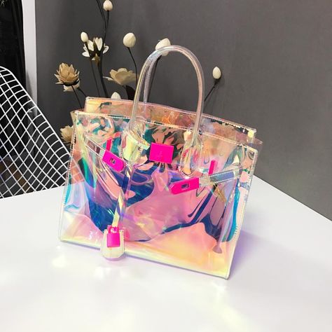 Holographic PVC Large Satchel Handbags Shoulder Clear Purse Carteras Aesthetic, Holographic Purse, Holographic Bag, Jelly Purse, Clear Handbags, Clear Purses, Jelly Bag, Summer Handbags, Transparent Bag