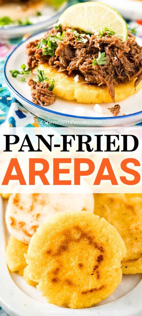 Arepas are a homemade recipe that is so easy to make. With just 3 ingredients these cornmeal discs are pan-fried and enjoyed as a side dish, appetizer or even in place of sandwich bread. #spendwithpennies #arepas #homemade #cornmeal #sidedish #appetizer #easyrecipe Homemade Cornmeal, White Corn Meal, Cornmeal Recipes, Arepas Recipe, Homemade Cornbread, Spend With Pennies, Homemade Recipe, Sandwich Bread, Recipes Dinner