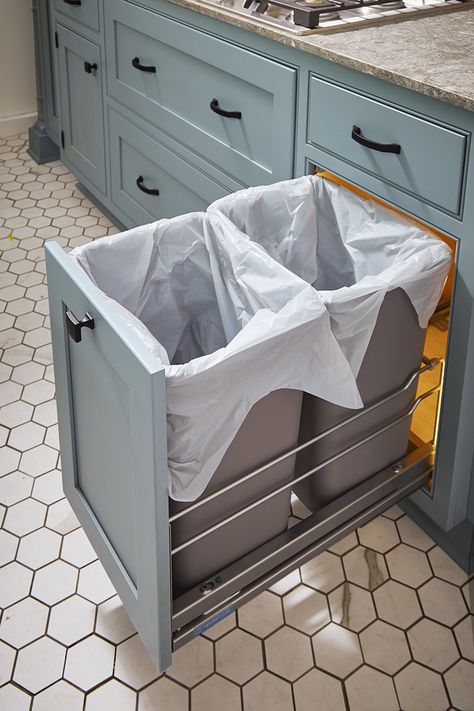 Trash Bin Kitchen Cabinet, Kitchen Garbage Closet, Double Trash Bin Cabinet, Kitchen Bin Drawer, Bin Drawer Kitchen, Hidden Bin Kitchen, Built Kitchen Island, Garbage Can Storage In Kitchen, Trash Ideas Kitchen