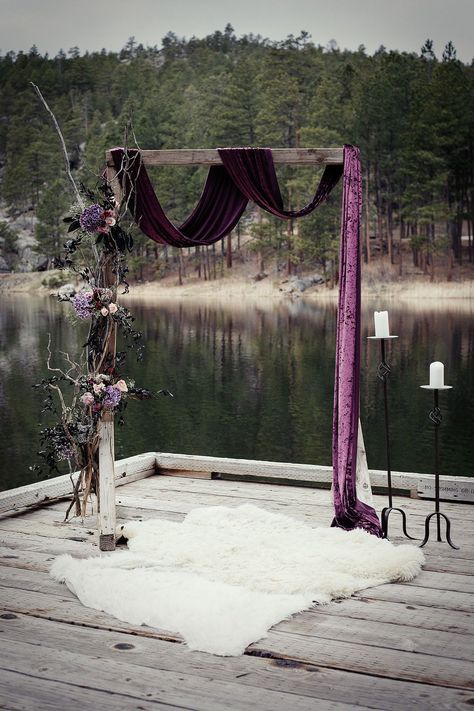 Alternative Wedding With Black Wedding Dress In South Dakota USA with purple styling. #magpiewedding Purple Black And Red Wedding, Outdoor Purple Wedding, Purple Black Wedding Dress, Purple Witchy Wedding, Goth Outdoor Wedding, Red Purple Black Wedding Color Schemes, Black And Purple Wedding Decor, Purple Green And Black Wedding, Black And Purple Wedding Ideas