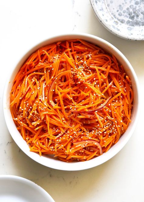 Spicy Korean Carrot Salad, Better than the One Trending on TikTok? - The Delicious Life Quick Carrot Recipes, Korean Carrots Recipe, Korean Carrots, Pickled Carrot Salad, Korean Vegetable Recipes, Korean Carrot, Korean Carrot Salad Recipe, Asian Carrots, Thai Carrot Salad