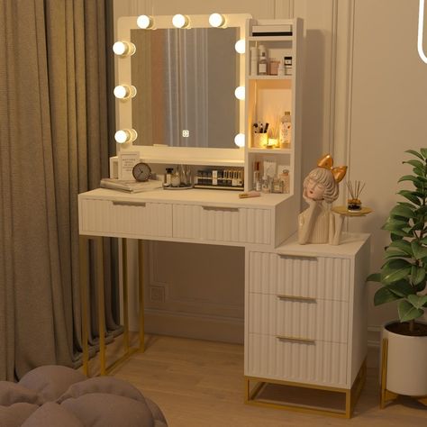 Product Features Try this makeup desk with great storage function. 3-Drawer Chest, 2 big drawers, roomy tabletop and 2 open shelves, what a powerful make up vanity station! Plenty of room for your creams, lip glosses, lipsticks, brushes & etc. Side Cabinet Storage, Contemporary Dressing Tables, Vanity Station, Desk With Mirror And Lights, Vanity Desk With Mirror, Modern Vanity Table, Desk With Mirror, Makeup Vanity Desk, Desk Vanity