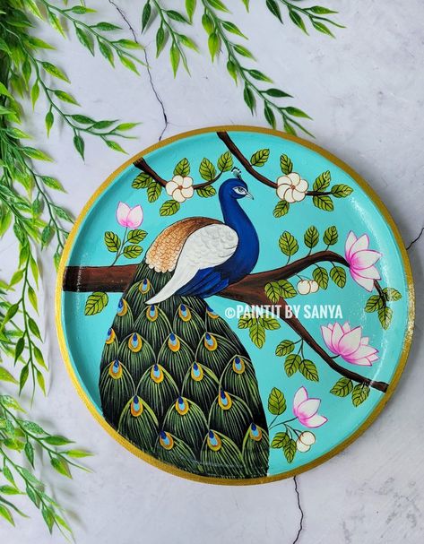 Embrace the elegance of a peacock pichwai painting wall plate, bringing art and positive vibes to your space. 🦚✨ #peacockpainting #pichwai #wallplate #wallplates #festivedecor Pichwai Motifs Sketches, Pichwai Art Peacock, Peacock Pichwai Painting, Pichwai Shrinathji Painting, Simple Pichwai Painting, Pichwai Paintings Peacock, Pichwai Wall Art, Pichwai Wall Painting, Pichwai Paintings Outline