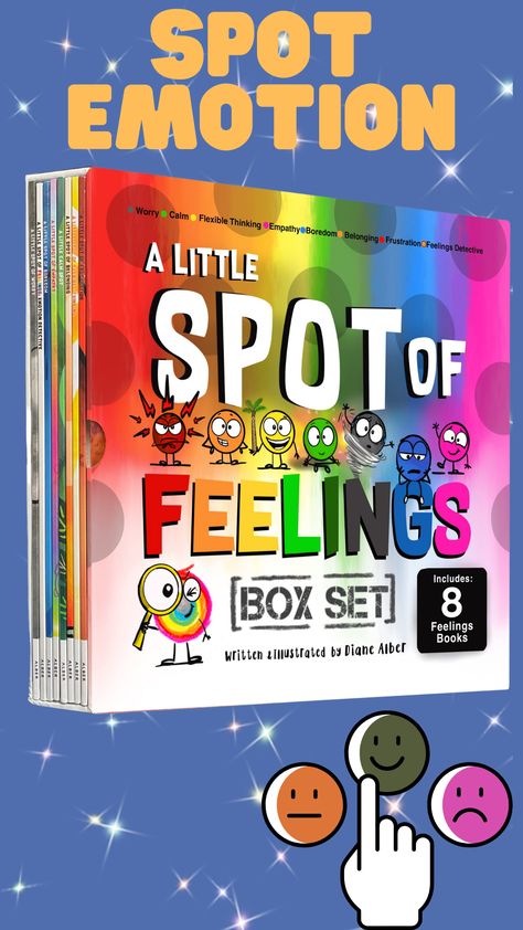 This box set includes 8 Feeling Books:A Little SPOT of EmpathyA Little SPOT of FrustrationA Little Calm SPOTA Little SPOT of WorryA Little SPOT of BelongingA Little SPOT of Flexible ThinkingA Little SPOT of BoredomA Little SPOT of Feelings: Emotion Detective Spot Of Feelings, Spot Books, Flexible Thinking, Box Set Books, Feelings Book, Homeschool Elementary, Homeschool Kids, Different Emotions, Homeschool Activities