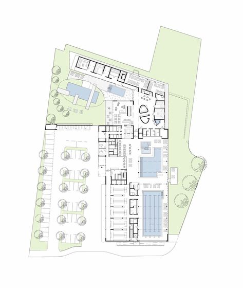 Gallery of Hallenbad Ried Im Innkreis Sauna and Pool / Gärtner+Neururer - 43 Sauna Floor Plan, Pool Architecture Plan, Sauna House Outdoor Plan, Swimming Pool Section, Gym And Spa Plan Architecture, Indoor Pool Architecture, Swimming Pool Plan, Gym Architecture, Pool Architecture