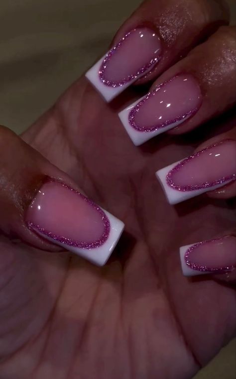 All Pink French Nails, Glam Summer Nails, Prom Nail Ideas Pink, Med Acrylic Nails, Pink French Tips With Design, Pink French Tip With Glitter, 21st Bday Nail Ideas, Birthday Nails Simple, Prom Nails Pink