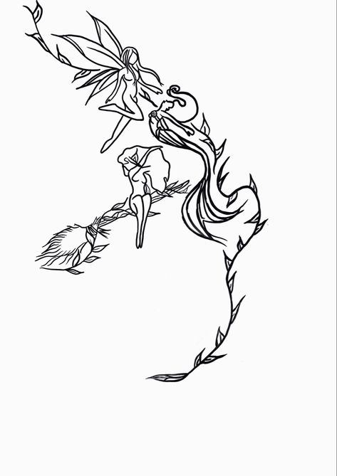 Siren Tattoo Minimalist, Fairy And Mermaid Tattoo, Dark Siren Tattoo Ideas, Siren And Fairy Tattoo, Fairy And Mermaid Matching Tattoo, Fine Line Siren Tattoo, Fairy And Mermaid, Siren Tattoo, Mermaid Tattoo Designs