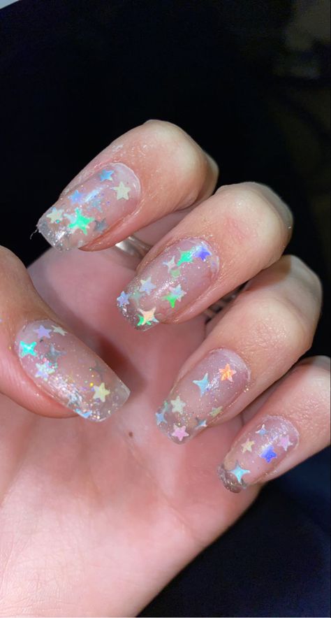 Iridescent Star Nails, Holographic Nails With Stars, Starcatcher Nails, Holographic Star Nails, Holographic Nail Designs, Star Nail Designs, Polygel Nails, Au Naturale, Star Nails