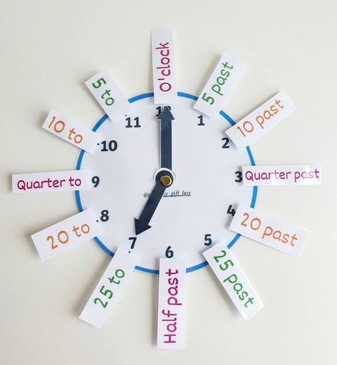 Circle Clock - with velcro attachments to help with learning. My top tip when teaching the time is to start with o'clock, then o'clock and half past, then quarter past and quarter to.  When you have reached this point show that one size is 'past' and the other side is 'to'. I always explain this by saying all the numbers 'past' 12 are 'past' then all the numbers leading up 'to' 12 are 'to'.  Next, teach 5 past and 5 to, 10 past and 10 to, 20 past and 20 to and then 25 past and 25 to. Most importantly, enjoy it!  If its fun then it won't seem like learning.  Thank you for supporting my small business @activity_gift_box  From my home to yours ♡ We hope you can appreciate that everything is handmade and there may be a few slight imperfections. Also, items may differ slightly with each make. Teaching Quarter Past And Quarter To, Clock For Preschoolers, O Clock Activities, Clock Games For Kids, Telling The Time Activities, Telling The Time Worksheets, Easy Math Activities, Math Exercises, Classroom Anchor Charts