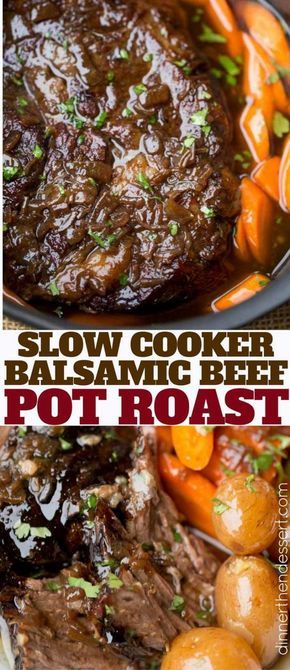 One pot meal, this Slow Cooker Balsamic Pot Roast has carrots and potatoes too. Slow Cooker Recipes 8-10 Hours, Balsamic Pot Roast, Crockpot Pot Roast, Pot Roast Crock Pot Recipes, Chuck Roast Recipes, Beef Pot Roast, Slow Cooker Roast, Crockpot Roast, Pot Roast Slow Cooker