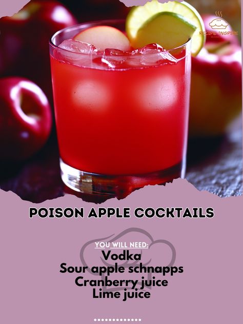 Dare to try our Poison Apple Cocktails—a spooky, delicious drink that’s sure to impress your Halloween crowd! 🎃🍸 #HalloweenDrinks Poison Apple Cocktails Ingredients: Vodka (1 1/2 oz) Sour apple schnapps (1 oz) Cranberry juice (2 oz) Lime juice (1/2 oz) Apple slices (for garnish) Instructions: In a shaker, combine vodka, sour apple schnapps, cranberry juice, and lime juice with ice. Shake well and strain into a glass. Garnish with apple slices. 🍏💀 Enjoy these Poison Apple Cocktails for a w... Poison Apple Cocktail, Vampires Lair, Apple Cocktails, Alcohol Ideas, Apple Punch, Vodka Sour, Boozy Treats, Apple Schnapps, Clean Eating Menu