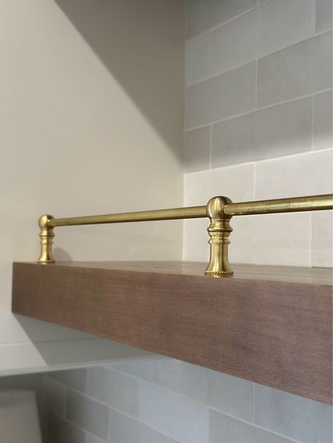 Traditional Short Gallery Rail curated on LTK Wood Shelves With Brass Rail, Shelves With Gallery Rails, Shelves With Gold Rail, Shelf With Brass Rail, Gallery Rail, Media Room, Wooden Shelves, Wood Shelves, Railing