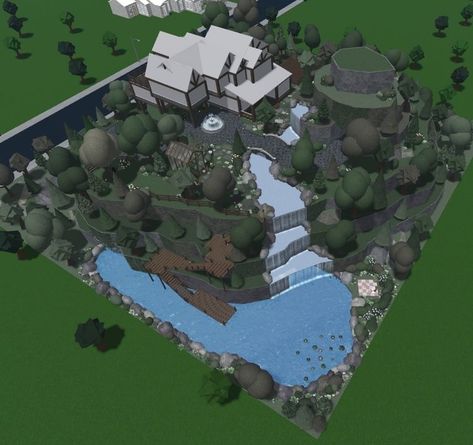 Bloxburg House Mountain Layout, Bloxburg Rock House, Mountain Bloxburg House Layout, Mountain House Ideas Bloxburg, Bloxburg Backyard Waterslide, How To Make A Mountain In Bloxburg, Bloxburg Hill Mansion, Greenville Roblox Houses, Mountain Mansion Bloxburg