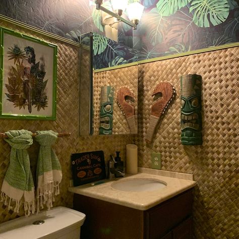 Tiki Bathroom, Black Wainscoting, Dark Chocolate Color, Tiki Style, Square Columns, Bamboo Panels, Tiki Decor, Tiki Lounge, Wainscoting Panels