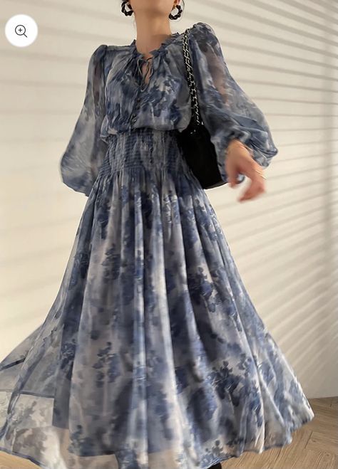 Fairy Dress Women, Mode Turban, Office Dresses For Women, Vintage Long Sleeve, Korean Fashion Dress, Dress Inspo, Fairy Dress, Clothes Ideas, Blue Midi Dress