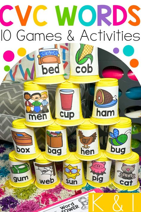 CVC Words are great for helping young students learn to read.  Give your kindergarten and first grade students lots of practice with these fun and hands-on games and activities. Read about these 10 CVC Word games, centers and activities used by a veteran teacher in her classroom.  While you are there grab a free CVC game you can use with your kids. Great for homeschooling and at home practice too. Learn to read with fun reading games. Short A Games First Grade, Fun Centers For First Grade, Diy Literacy Games, Short A Activities Kindergarten, Sight Words Games For First Grade, First Grade Literacy Centers Free, Cvc Words Games For Kindergarten, Spelling Games For Kindergarten, Literacy Games For Kindergarten