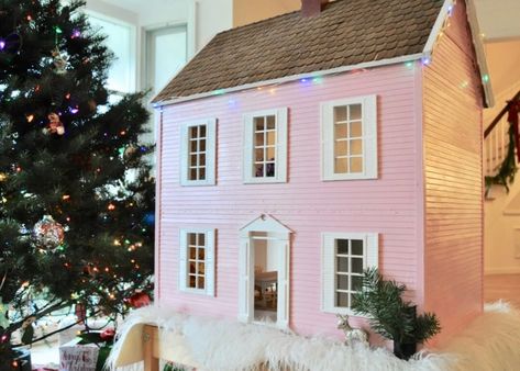 Makeover an old dollhouse for a unique DIY holiday gift idea | Building Bluebird #holiday #dollhouse #christmas Pink Dollhouse Exterior, Refurbished Doll House Diy, Doll House Exterior Colors, Old Dollhouse Makeover, Dollhouse Exterior Colors, Upcycle Dollhouse, Dollhouse Refurbish, Dollhouse Renovation Diy, Dollhouse Decorating Ideas