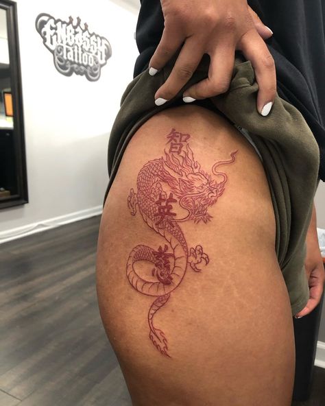 Red Ink Chinese Dragon Tattoo, Japanese Dragon Hip Tattoos Women, Red Dragon Hip Tattoo, Dragon On Thigh Tattoo, Red Dragon Tattoo Thigh, Red Dragon Thigh Tattoo, Dragon Hip Tattoos Women, Side Dragon Tattoo, Thigh Tattoos Women Dragon