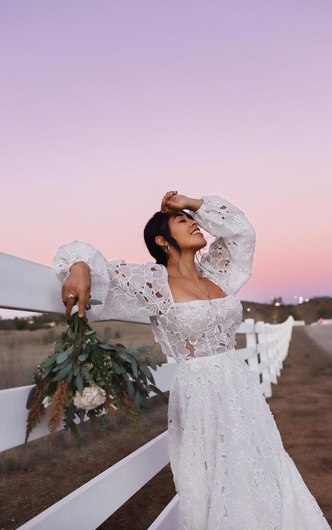 Graphic Lace Boho Wedding Dress with Square Neckline and Puff Sleeves - All Who Wander Wedding Dresses