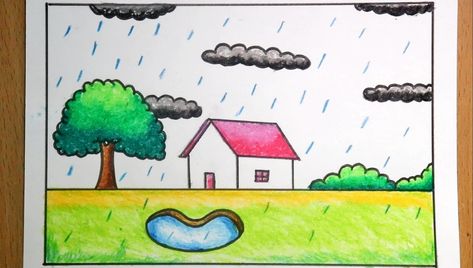 How to draw scenery.scenery drawing.easy scenery drawing simple scenery drawing. Rainy Season Drawing Easy, Rain Drawing Easy, Drawing Rainy Season, Raining Drawing, Rainy Drawing, Rainy Season Scenery, Rainy Season Drawing, Scenery Drawing Pencil, Simple Scenery