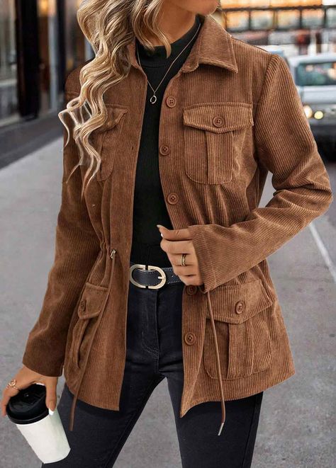 Dark Coffee Drawstring Long Sleeve Shirt Collar Coat Corduroy Shacket Outfit, Trucker Jacket Outfit, Corduroy Trucker Jacket, Shacket Outfit, Corduroy Shacket, Urban Fashion Trends, Dark Coffee, Collared Coat, Long Sleeves Coats